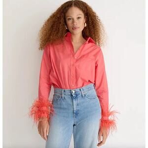J.Crew Collection Feather Trim Poplin Button Up Shirt Oversized Pink US 0 NWT
